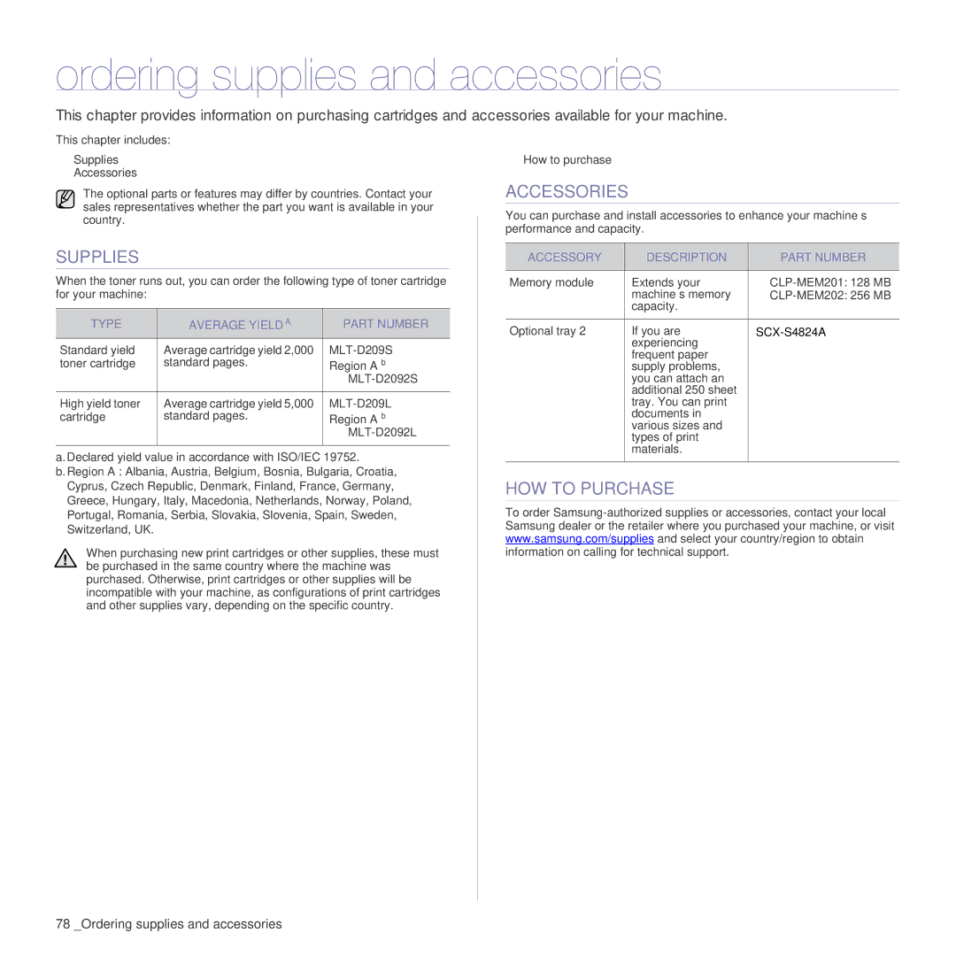 Samsung SCX-4x26 manual Ordering supplies and accessories, Supplies, Accessories, HOW to Purchase 