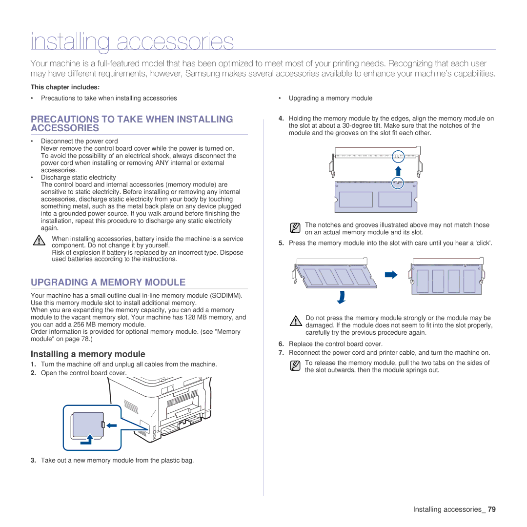 Samsung SCX-4x26 manual Installing accessories, Precautions to Take When Installing Accessories, Upgrading a Memory Module 