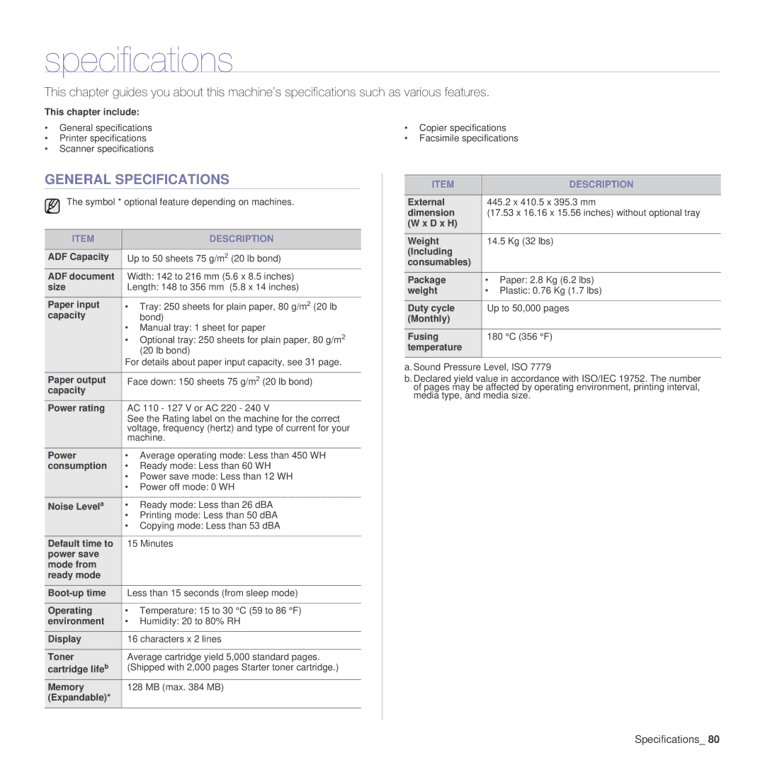 Samsung SCX-4x26 manual General Specifications 