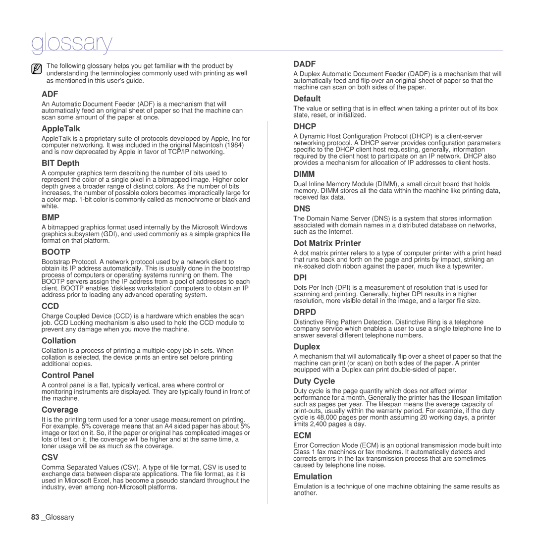 Samsung SCX-4x26 manual Glossary 