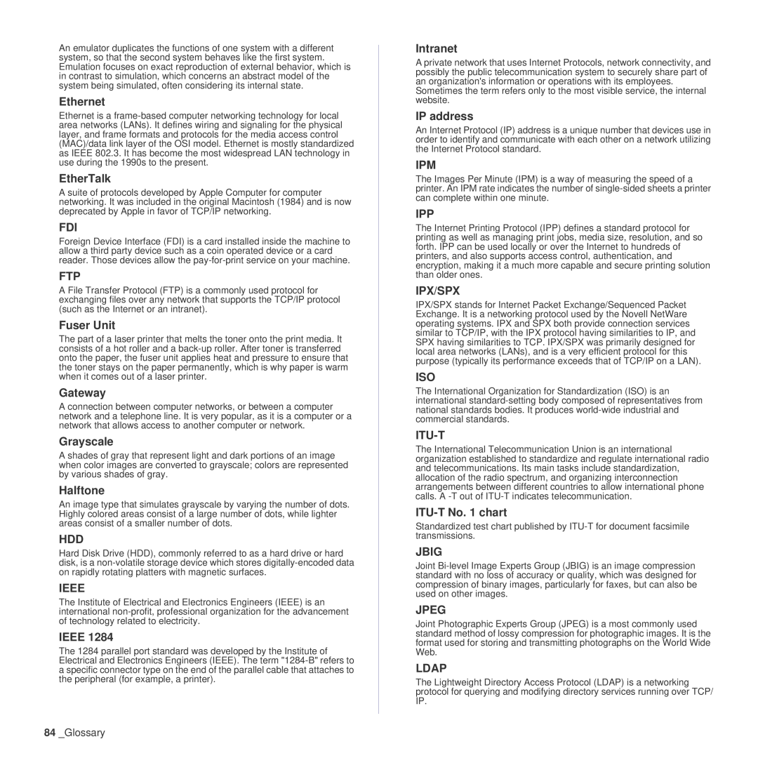 Samsung SCX-4x26 Ethernet, EtherTalk, Fuser Unit, Gateway, Grayscale, Halftone, Ieee, Intranet, IP address, ITU-T No chart 
