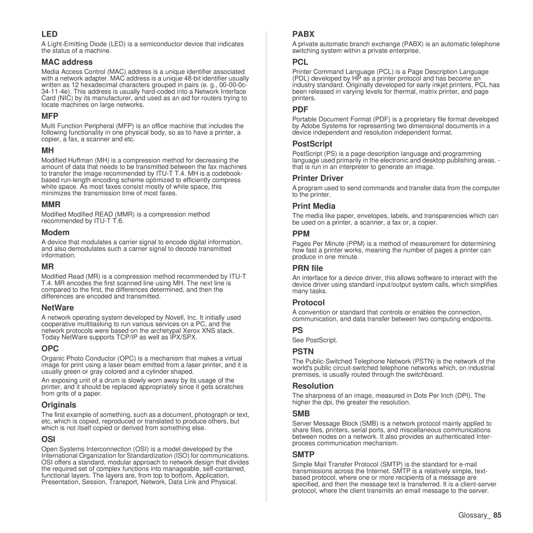 Samsung SCX-4x26 manual MAC address, Modem, NetWare, Originals, PostScript, Printer Driver, Print Media, PRN file, Protocol 