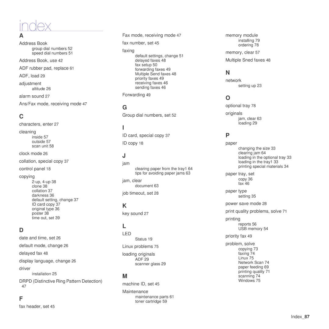 Samsung SCX-4x26 manual Index, Led 