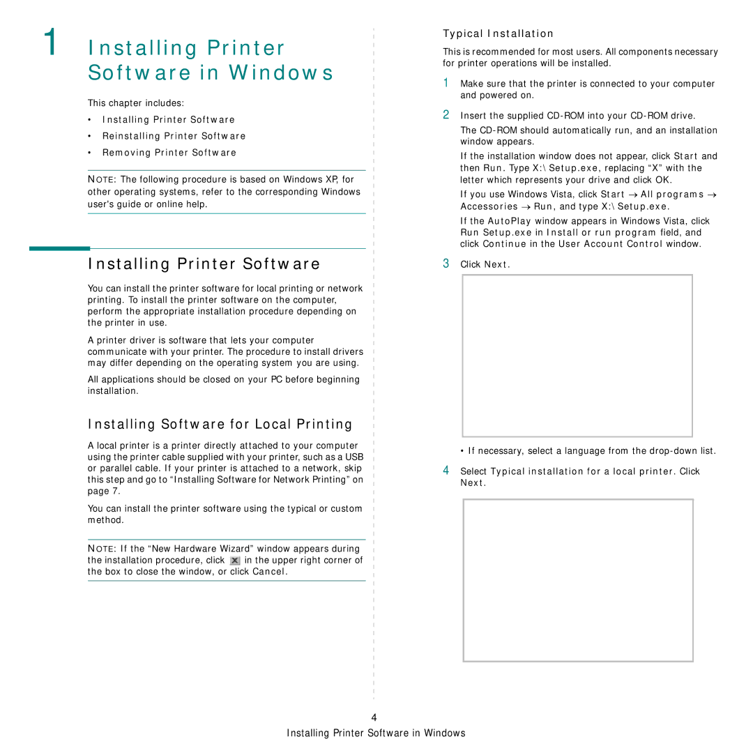 Samsung SCX-4x26 manual Installing Printer Software, Installing Software for Local Printing, Typical Installation 