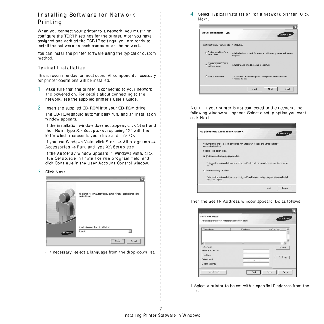 Samsung SCX-4x26 manual Installing Software for Network Printing, Typical Installation 