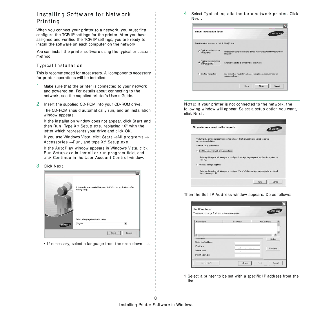 Samsung SCX-4x28, SCX-4x24 manual Installing Software for Network Printing, Typical Installation 