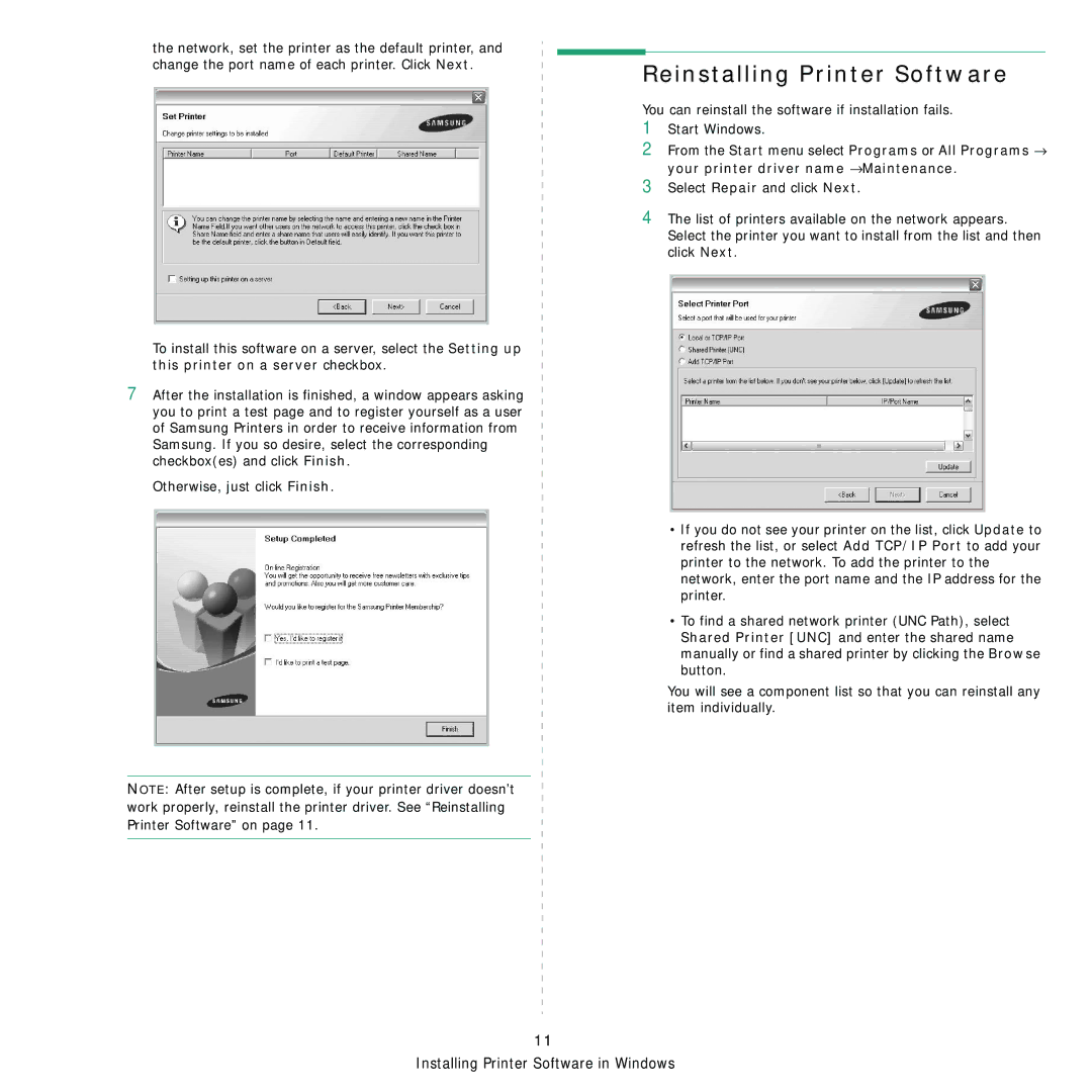 Samsung SCX-4x24, SCX-4x28 manual Reinstalling Printer Software 