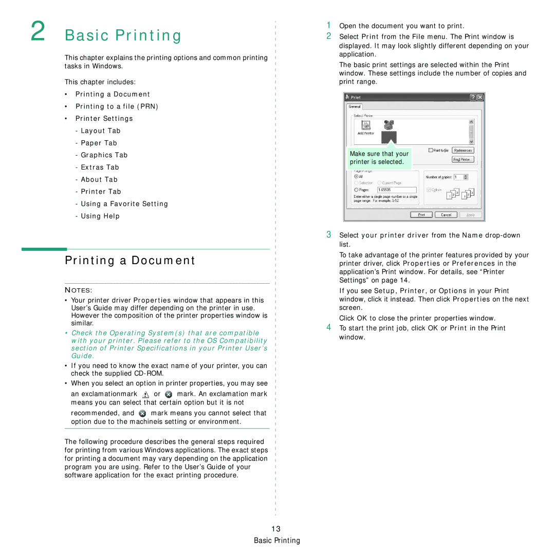 Samsung SCX-4x24, SCX-4x28 manual Printing a Document, Means you can select that certain option but it is not, Recommended 