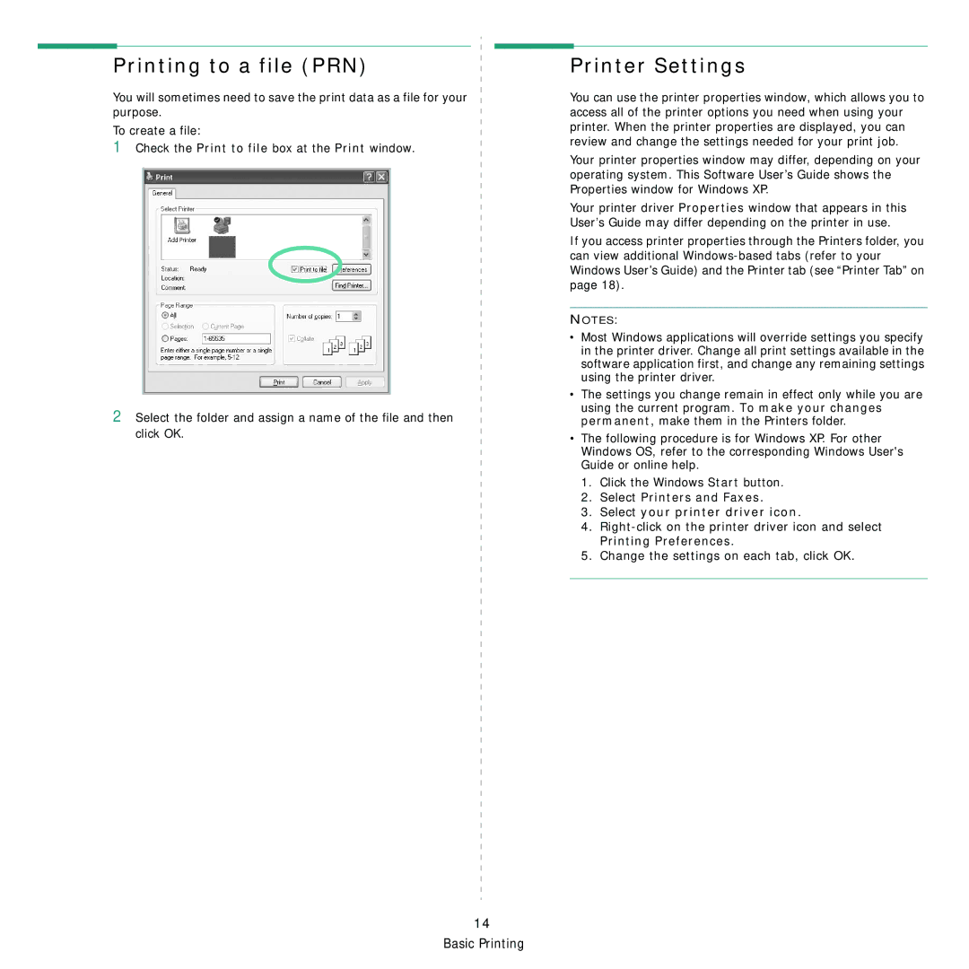 Samsung SCX-4x28 manual Printing to a file PRN, Printer Settings, Select Printers and Faxes Select your printer driver icon 