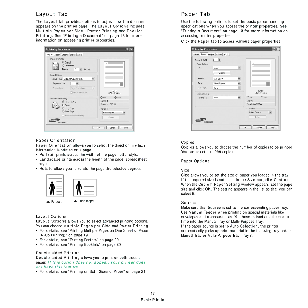 Samsung SCX-4x24, SCX-4x28 manual Layout Tab, Paper Tab, Paper Orientation, Source 