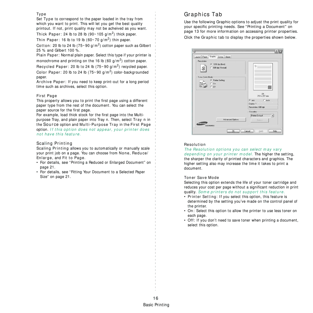 Samsung SCX-4x28, SCX-4x24 manual Graphics Tab, Scaling Printing 