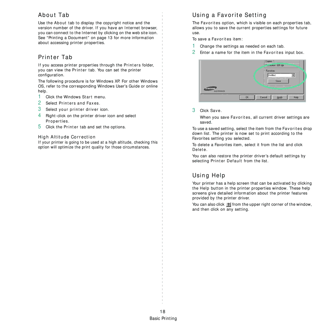 Samsung SCX-4x28, SCX-4x24 manual About Tab, Printer Tab, Using a Favorite Setting, Using Help, High Altitude Correction 