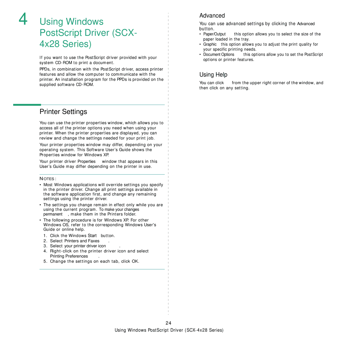 Samsung SCX-4x28, SCX-4x24 manual Using Windows PostScript Driver SCX 4x28 Series, Advanced 