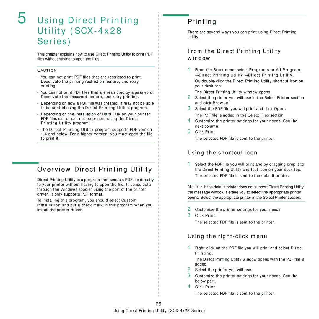 Samsung SCX-4x24, SCX-4x28 manual Overview Direct Printing Utility, From the Direct Printing Utility window 