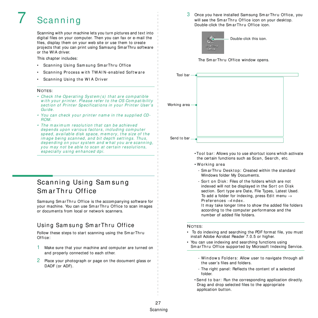 Samsung SCX-4x24, SCX-4x28 manual Scanning Using Samsung SmarThru Office, Working area 
