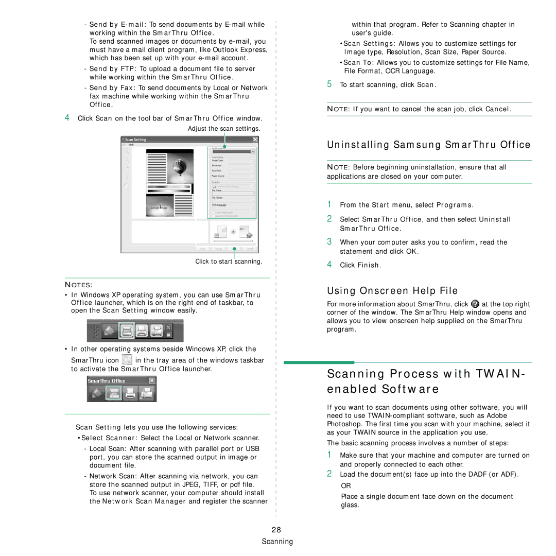 Samsung SCX-4x28, SCX-4x24 manual Scanning Process with TWAIN- enabled Software, Uninstalling Samsung SmarThru Office 