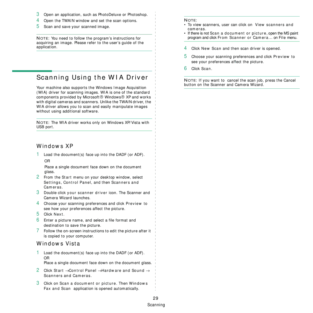 Samsung SCX-4x24, SCX-4x28 manual Scanning Using the WIA Driver, Windows XP, Windows Vista 