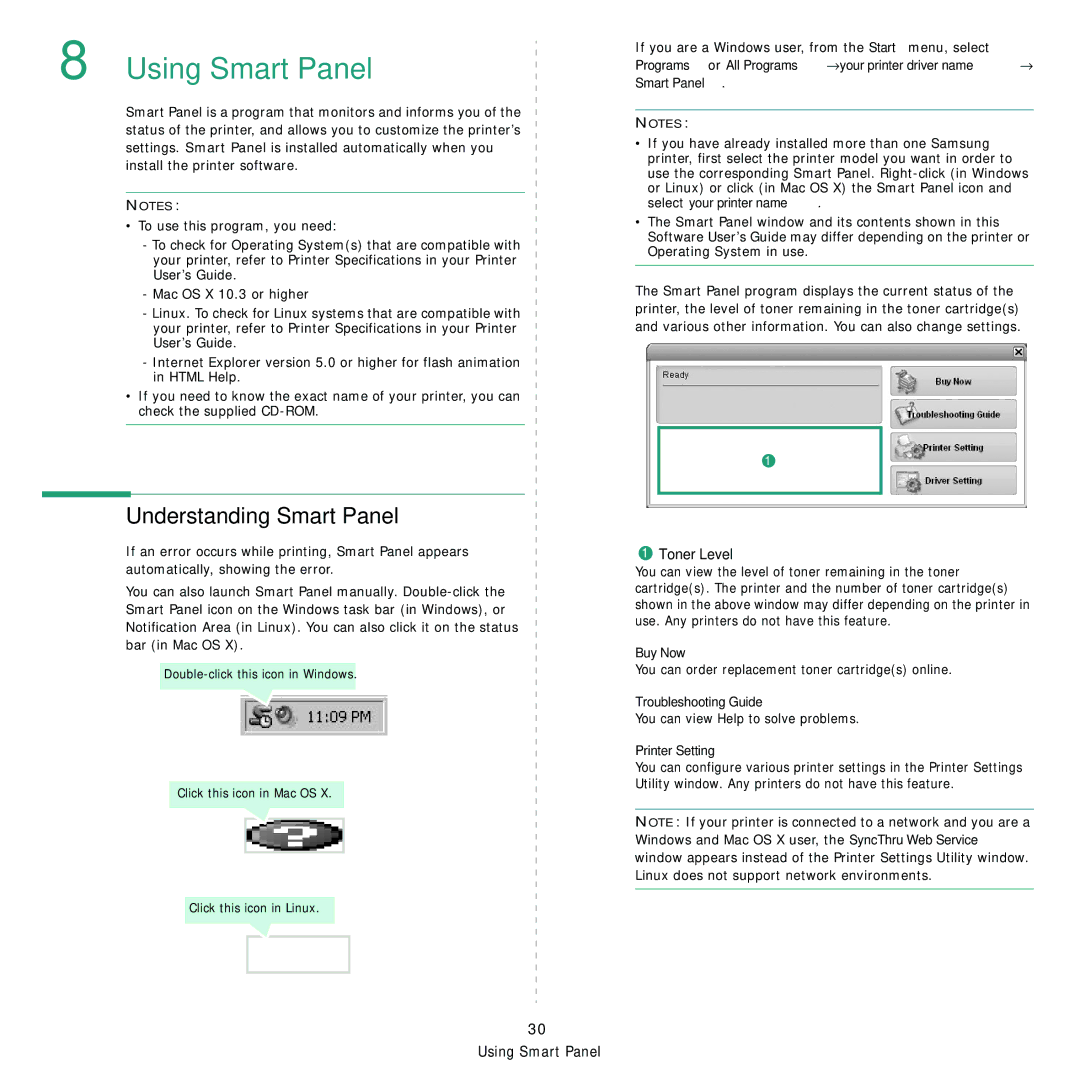 Samsung SCX-4x28, SCX-4x24 manual Understanding Smart Panel, Toner Level, Buy Now, Troubleshooting Guide, Printer Setting 