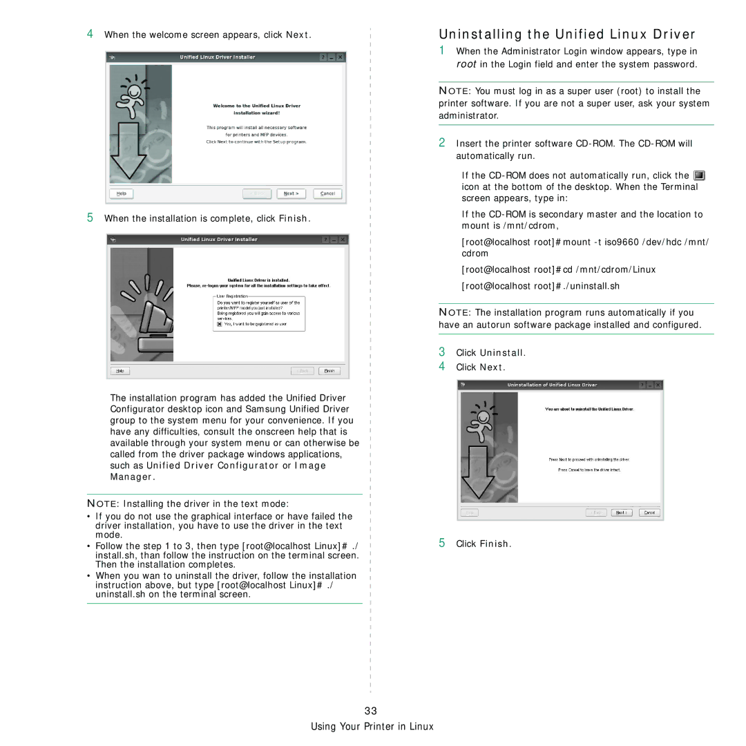 Samsung SCX-4x24, SCX-4x28 manual Uninstalling the Unified Linux Driver, Click Uninstall 