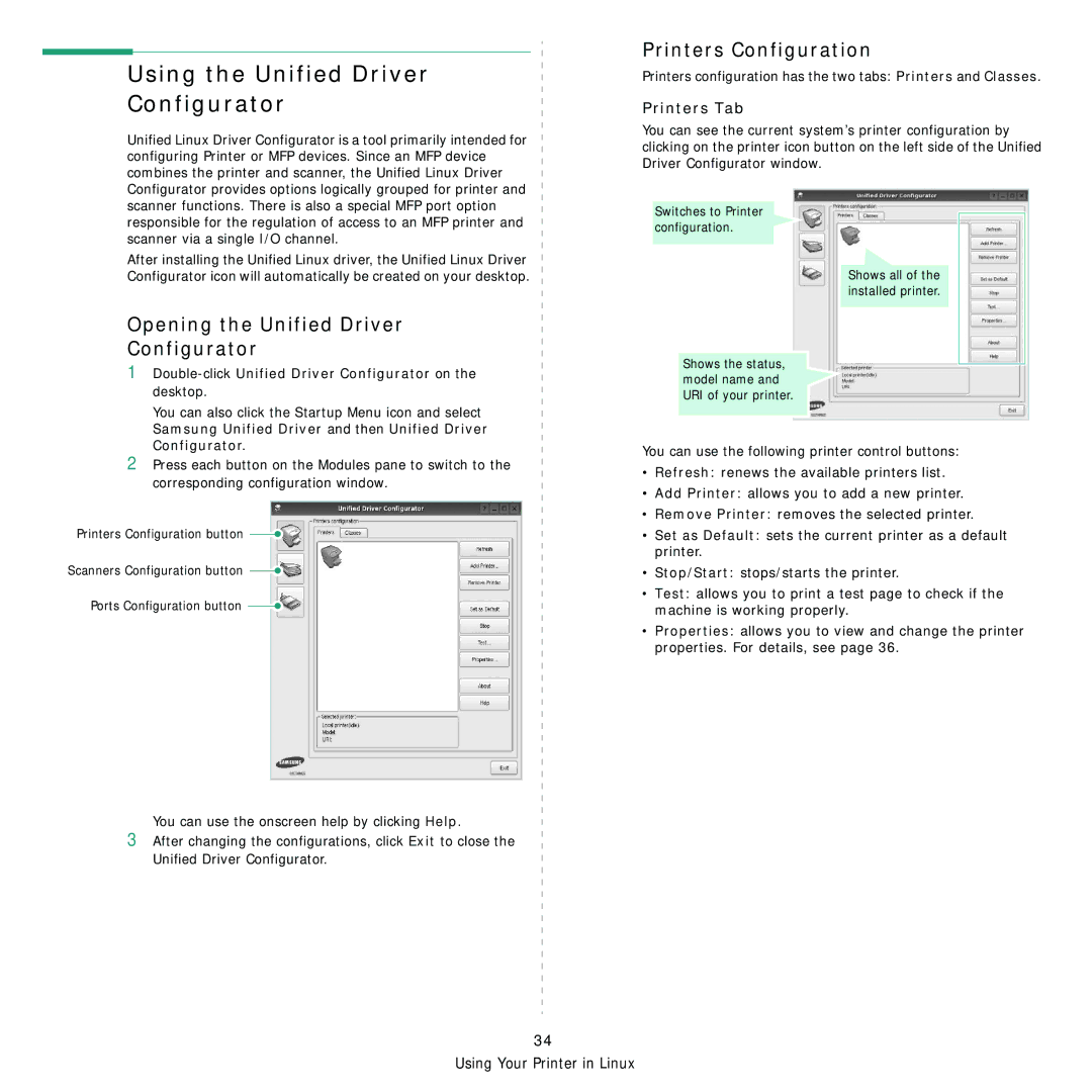 Samsung SCX-4x28 Using the Unified Driver Configurator, Printers Configuration, Opening the Unified Driver Configurator 