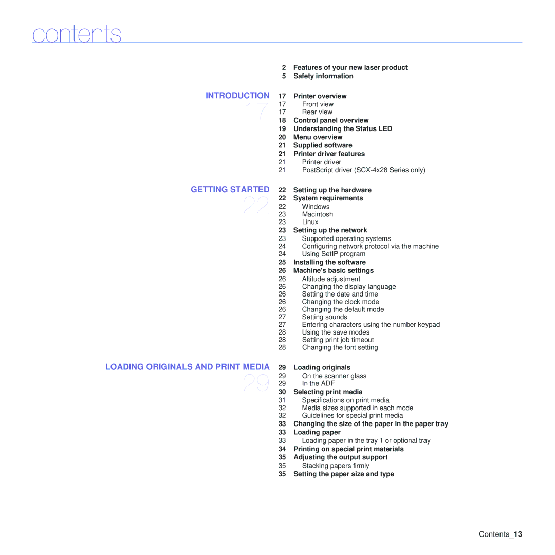 Samsung SCX-4x24, SCX-4x28 manual Contents 