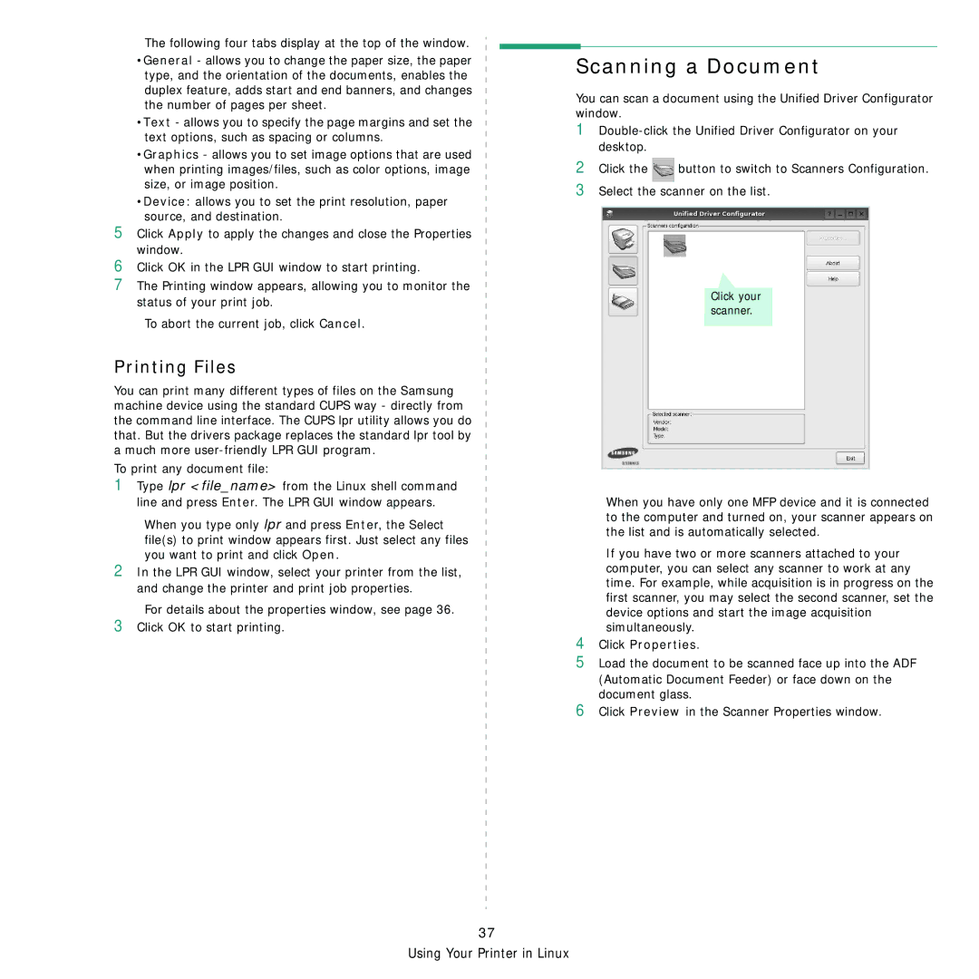 Samsung SCX-4x24, SCX-4x28 manual Scanning a Document, Printing Files, Following four tabs display at the top of the window 