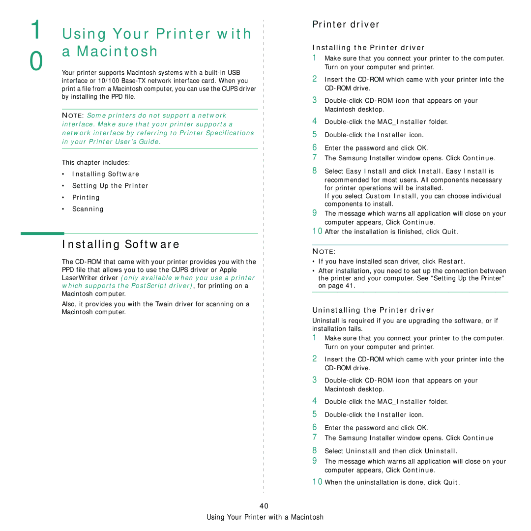 Samsung SCX-4x28, SCX-4x24 manual Installing Software, Installing the Printer driver, Uninstalling the Printer driver 