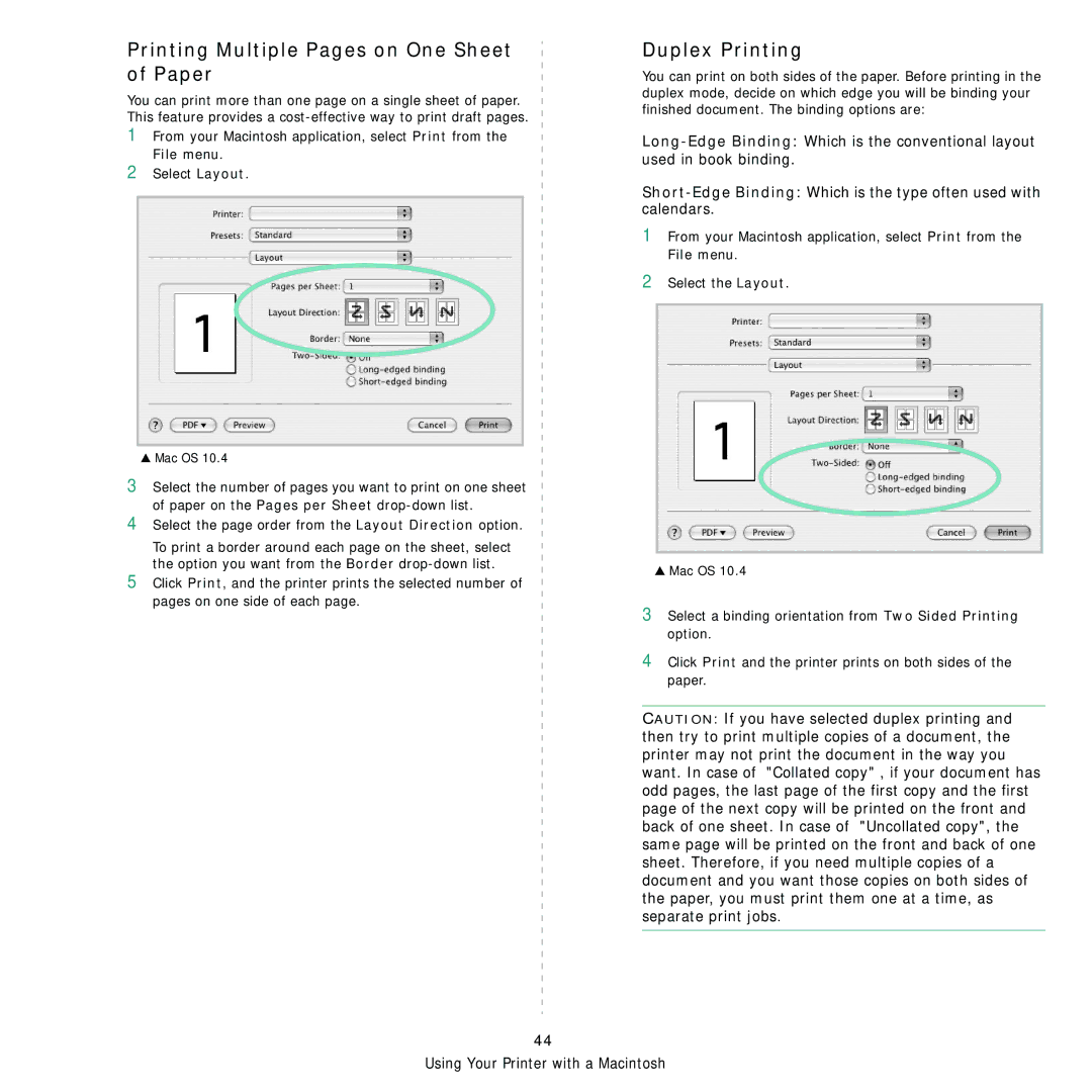 Samsung SCX-4x28, SCX-4x24 manual Printing Multiple Pages on One Sheet of Paper, Duplex Printing 