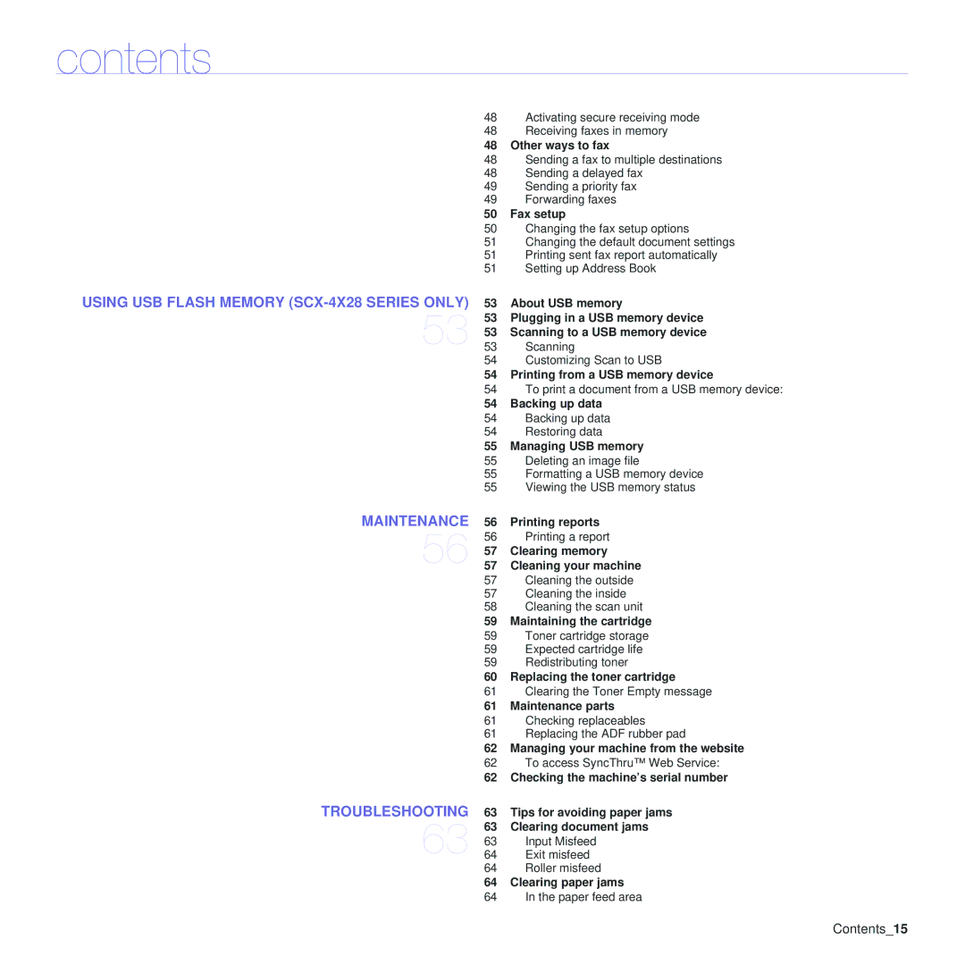 Samsung SCX-4x24 Other ways to fax, Fax setup, Printing from a USB memory device, Backing up data, Managing USB memory 