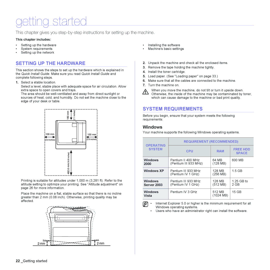 Samsung SCX-4x28, SCX-4x24 manual Getting started, Setting UP the Hardware, System Requirements, Windows 