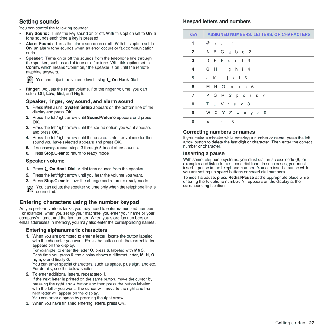 Samsung SCX-4x24, SCX-4x28 manual Setting sounds, Entering characters using the number keypad 