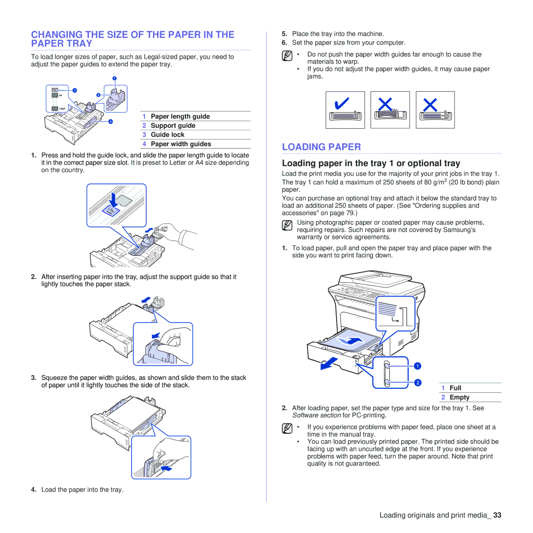 Samsung SCX-4x24, SCX-4x28 manual Changing the Size of the Paper in the Paper Tray, Loading Paper, Full, Empty 