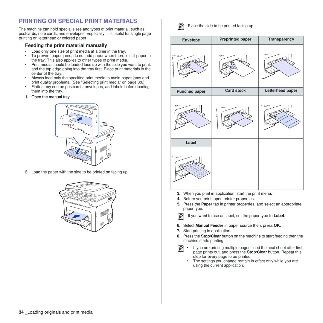 Samsung SCX-4x28, SCX-4x24 Printing on Special Print Materials, Feeding the print material manually, Label 