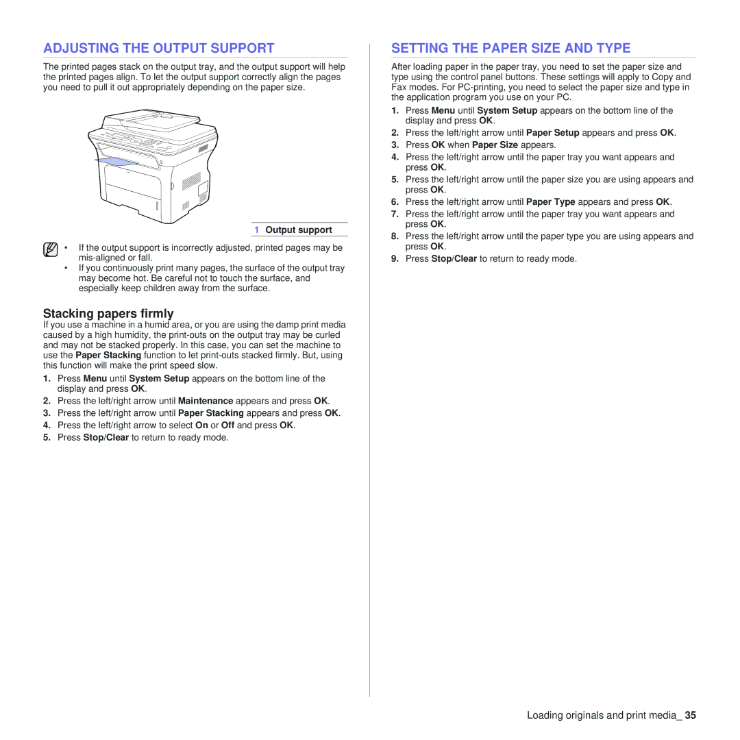 Samsung SCX-4x24, SCX-4x28 manual Adjusting the Output Support, Setting the Paper Size and Type, Stacking papers firmly 