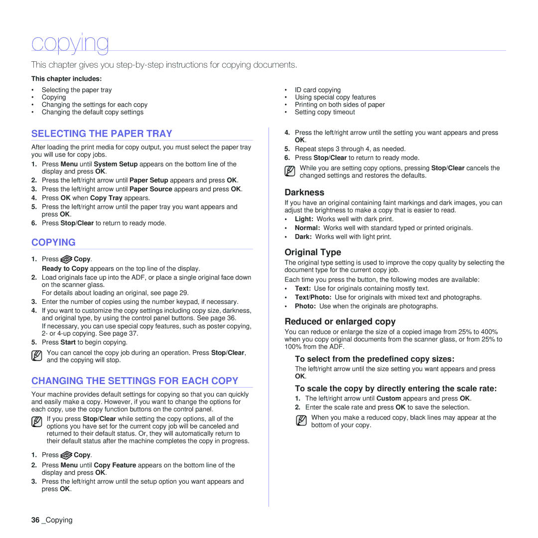 Samsung SCX-4x28, SCX-4x24 manual Copying, Selecting the Paper Tray, Changing the Settings for Each Copy 