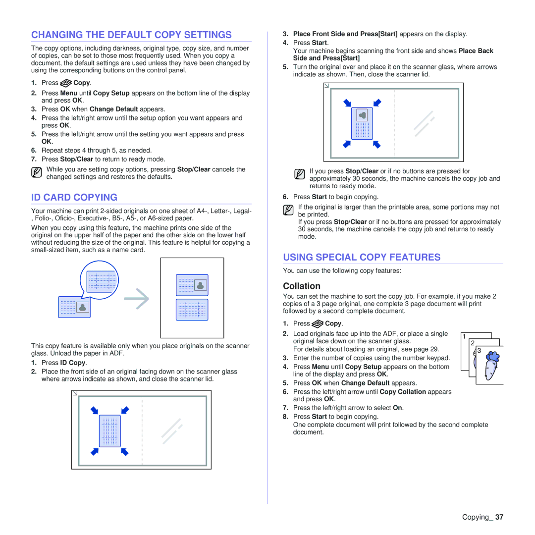 Samsung SCX-4x24, SCX-4x28 Changing the Default Copy Settings, ID Card Copying, Using Special Copy Features, Collation 