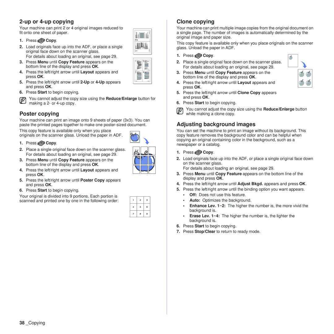 Samsung SCX-4x28, SCX-4x24 manual Up or 4-up copying, Poster copying, Clone copying, Adjusting background images, Press Copy 