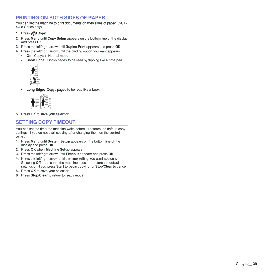 Samsung SCX-4x24, SCX-4x28 manual Printing on Both Sides of Paper, Setting Copy Timeout 