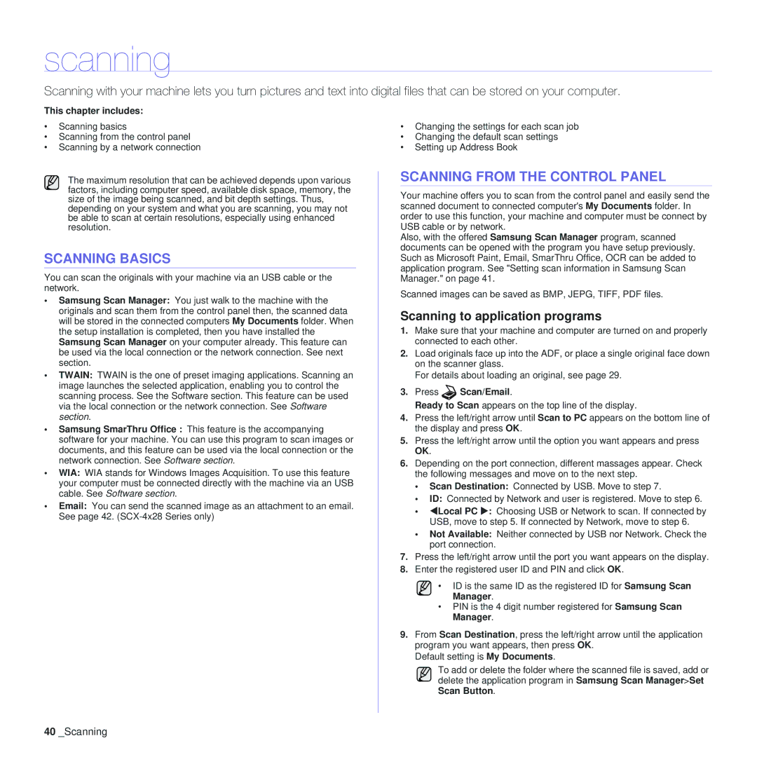 Samsung SCX-4x28 Scanning Basics, Scanning from the Control Panel, Scanning to application programs, Press Scan/Email 