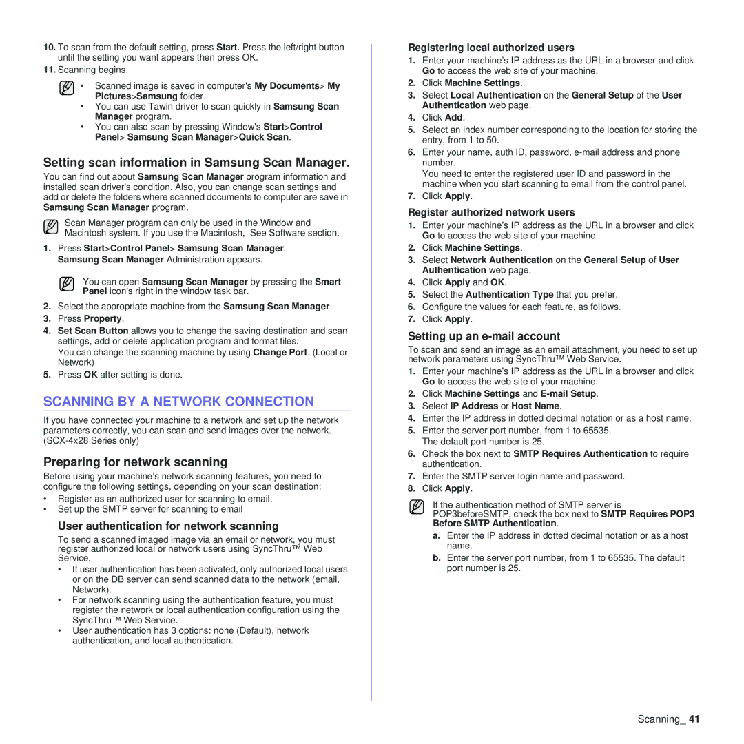 Samsung SCX-4x24, SCX-4x28 manual Scanning by a Network Connection, Setting scan information in Samsung Scan Manager 