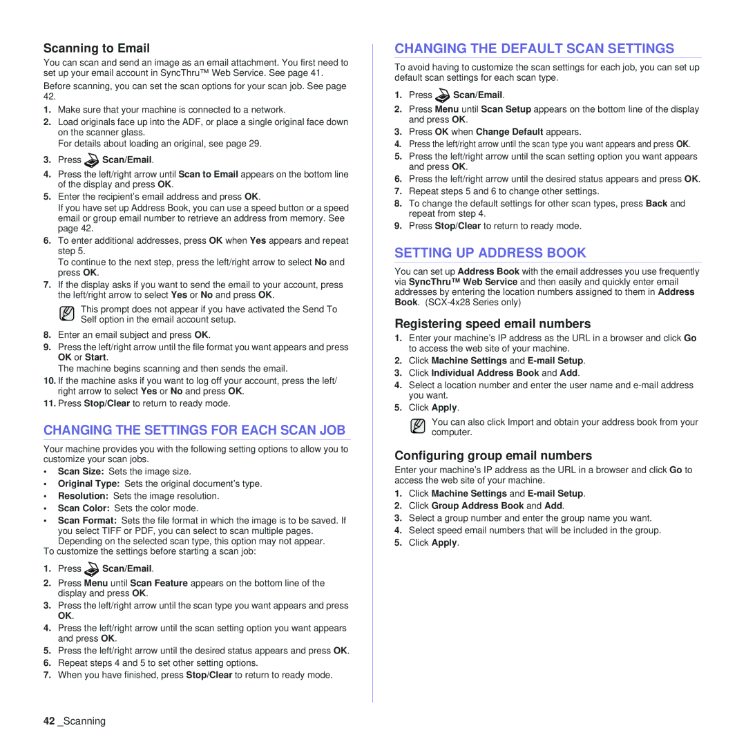 Samsung SCX-4x28 Changing the Settings for Each Scan JOB, Changing the Default Scan Settings, Setting UP Address Book 