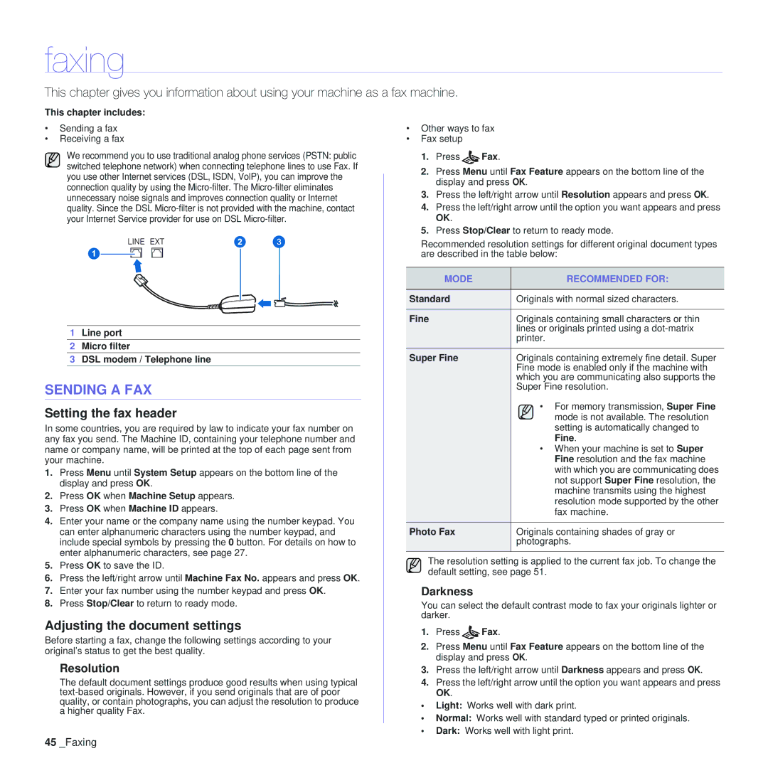 Samsung SCX-4x24, SCX-4x28 manual Faxing, Sending a FAX, Setting the fax header, Adjusting the document settings 