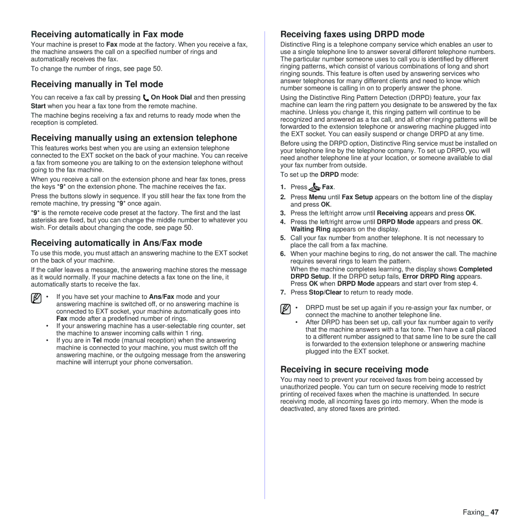 Samsung SCX-4x24 Receiving automatically in Fax mode, Receiving manually in Tel mode, Receiving faxes using Drpd mode 