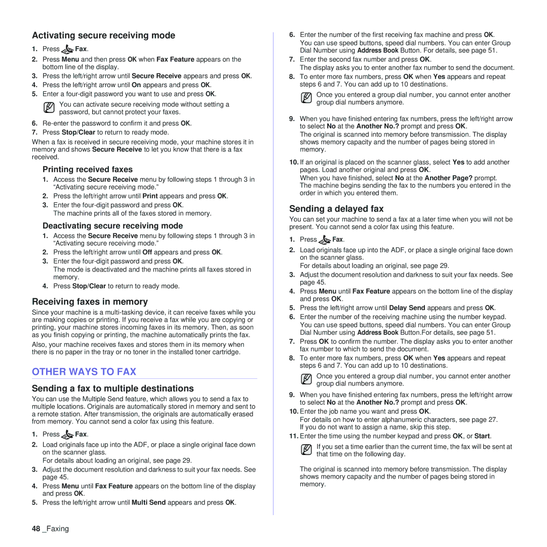 Samsung SCX-4x28 Other Ways to FAX, Activating secure receiving mode, Receiving faxes in memory, Sending a delayed fax 