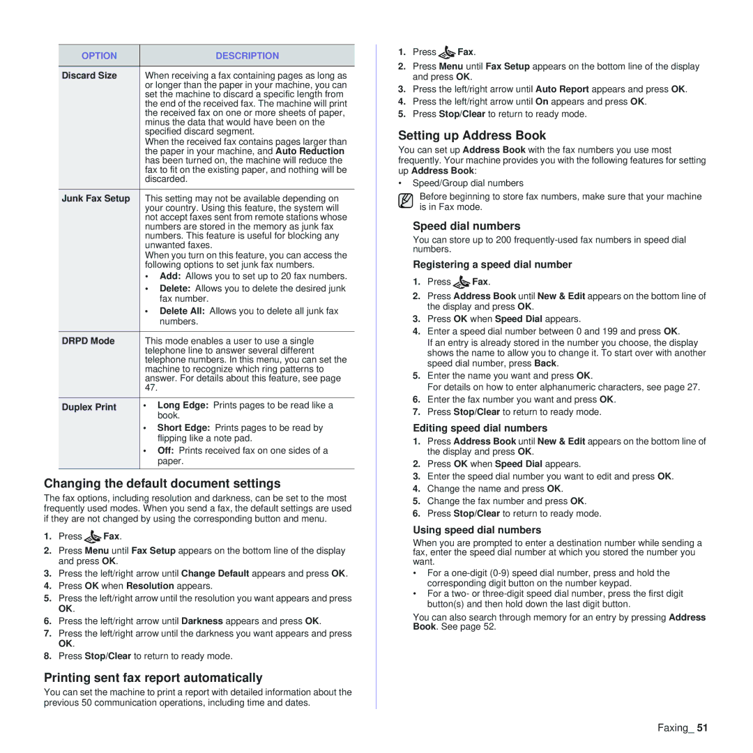 Samsung SCX-4x24 Changing the default document settings, Printing sent fax report automatically, Setting up Address Book 