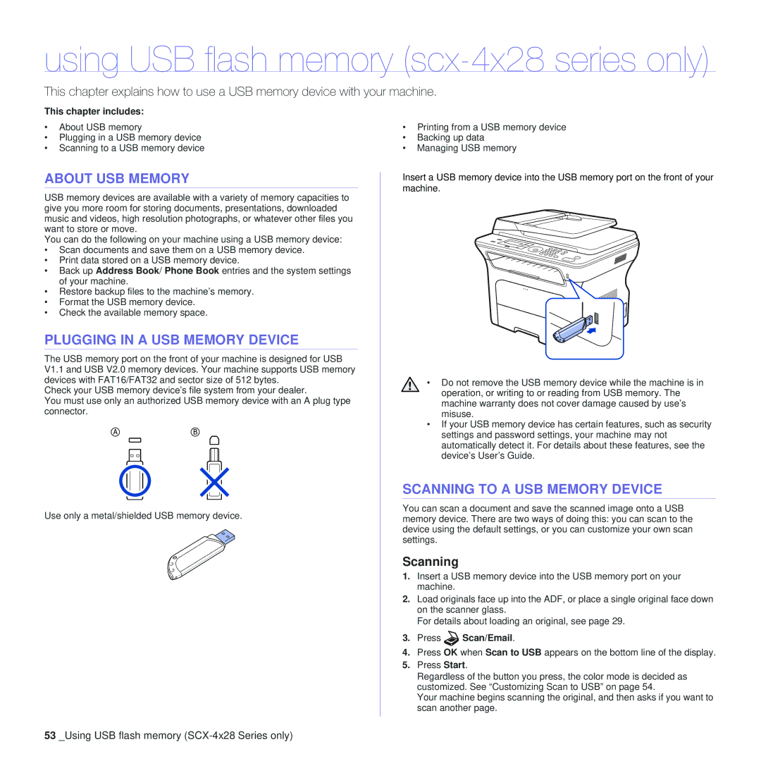 Samsung SCX-4x24, SCX-4x28 manual About USB Memory, Plugging in a USB Memory Device, Scanning to a USB Memory Device 