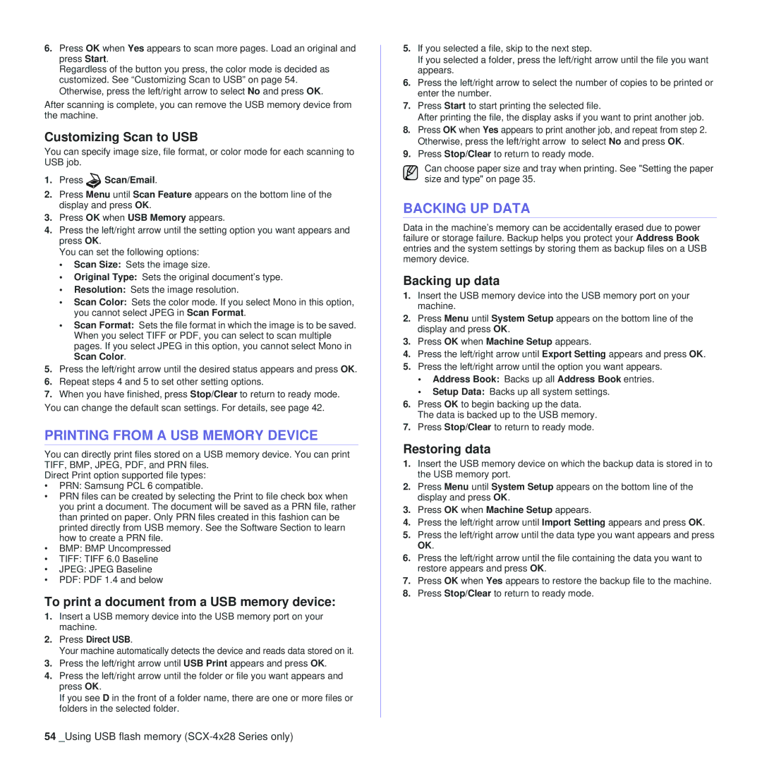 Samsung SCX-4x28, SCX-4x24 manual Printing from a USB Memory Device, Backing UP Data 