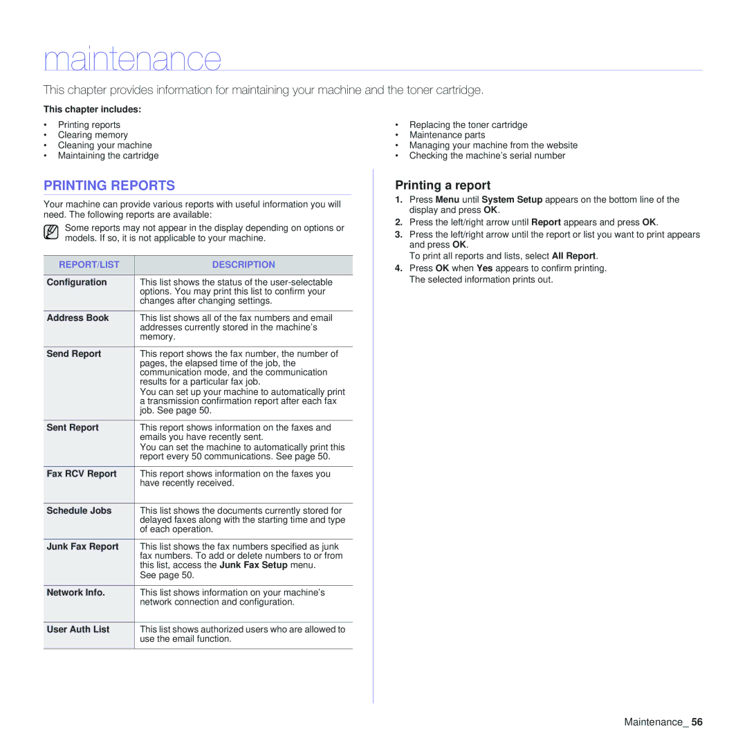 Samsung SCX-4x28, SCX-4x24 manual Maintenance, Printing Reports, Printing a report, REPORT/LIST Description, Junk Fax Report 