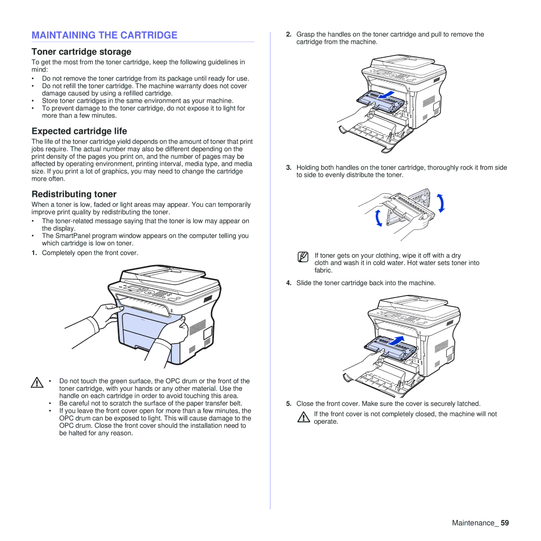 Samsung SCX-4x24 manual Maintaining the Cartridge, Toner cartridge storage, Expected cartridge life, Redistributing toner 