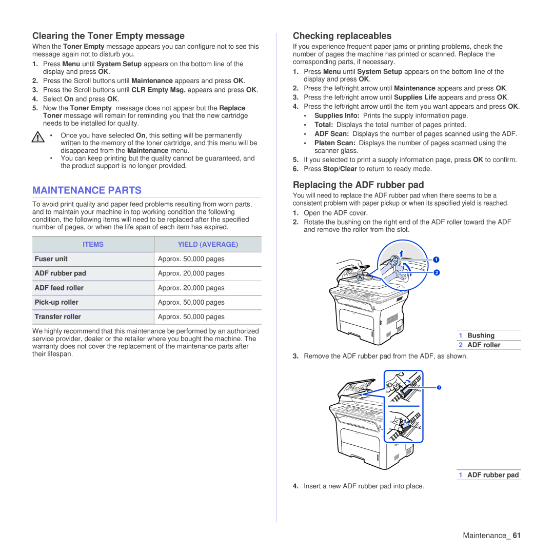 Samsung SCX-4x24 Maintenance Parts, Clearing the Toner Empty message, Checking replaceables, Replacing the ADF rubber pad 